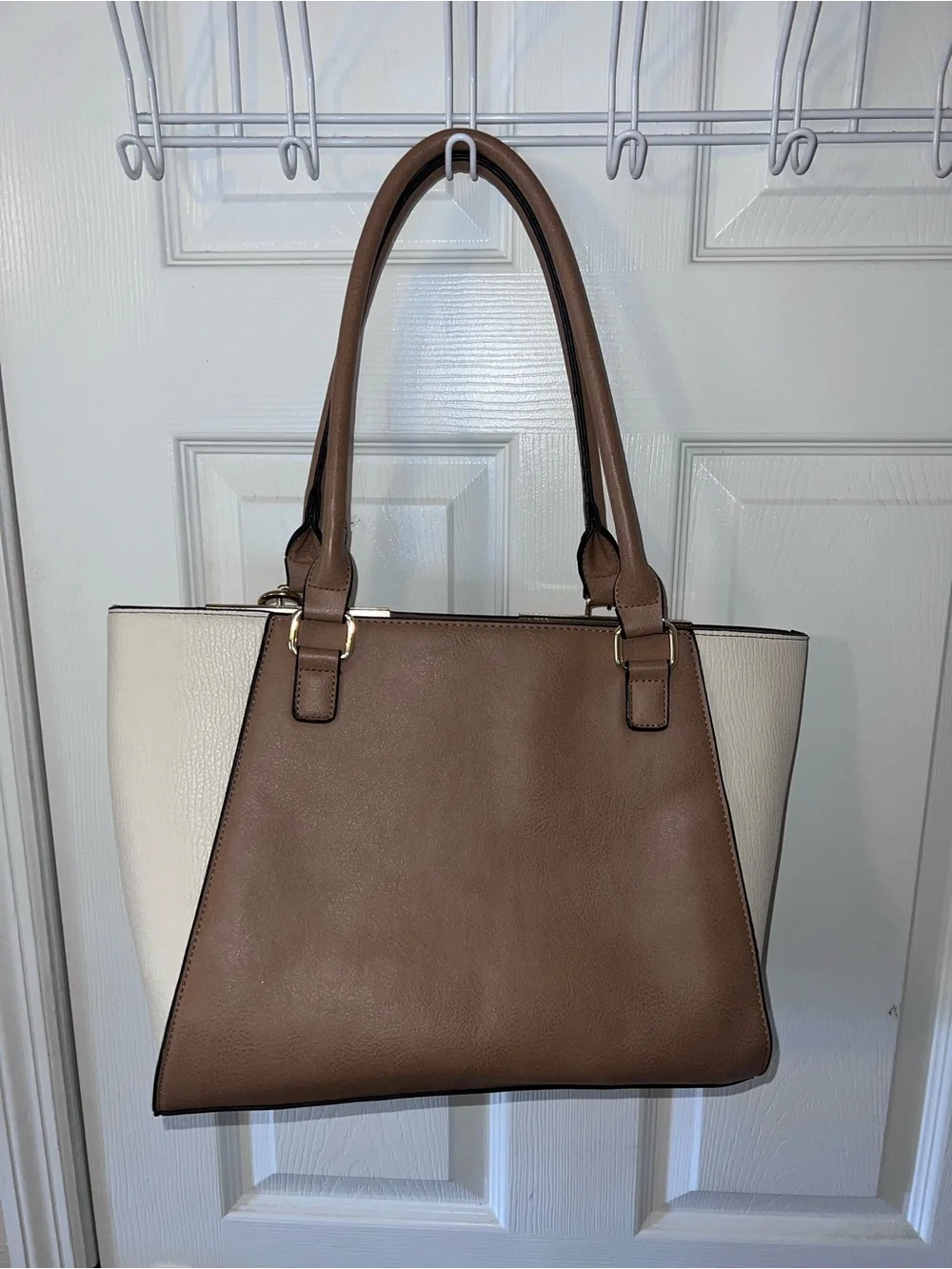 Adrienne Vittadini Taupe and Cream Shoulder Tote with Pom Charm Tan Work Bag